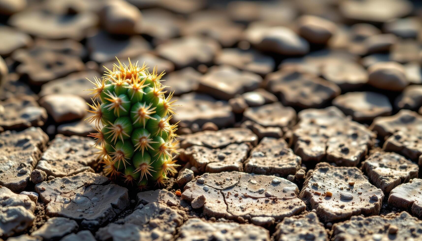close up view of a cactus growing from mineral stained ground with complex soil patterns. photo
