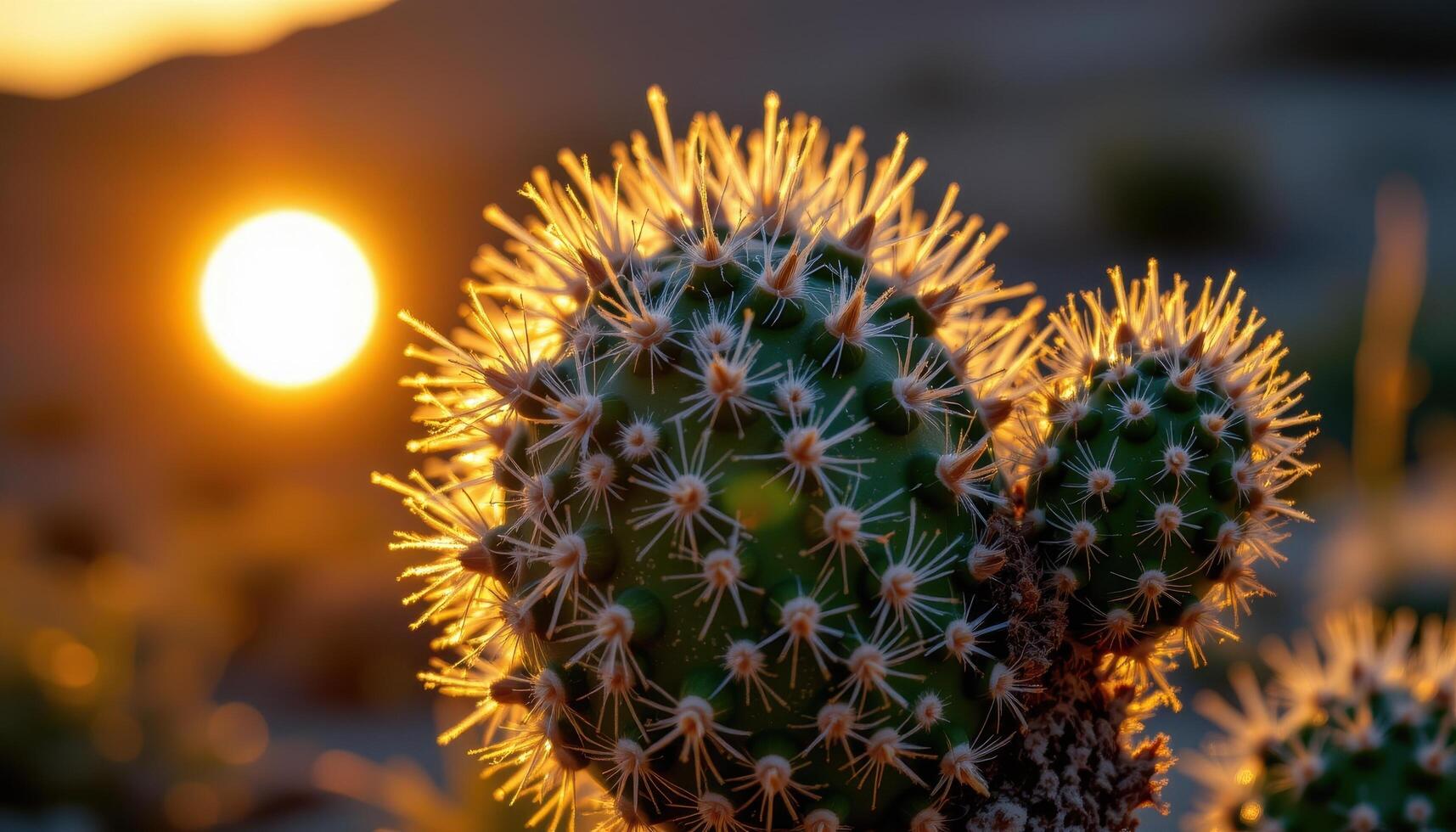 close up view of a cactus wrapped in a halo of glowing dust particles at sunrise. photo