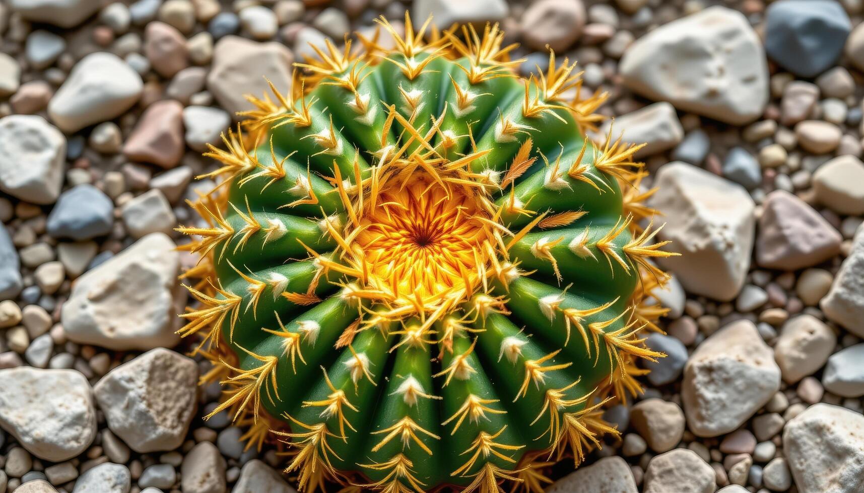 close up view of a round barrel cactus with golden spines radiating from its center in a dry rocky setting. photo
