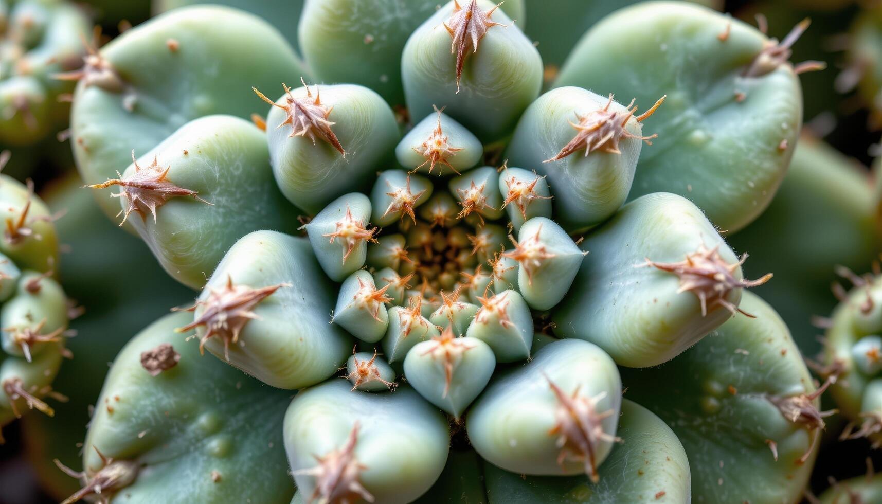 close up view of a succulent cactus with thick, fleshy pads covered in symmetrical needle groups. photo