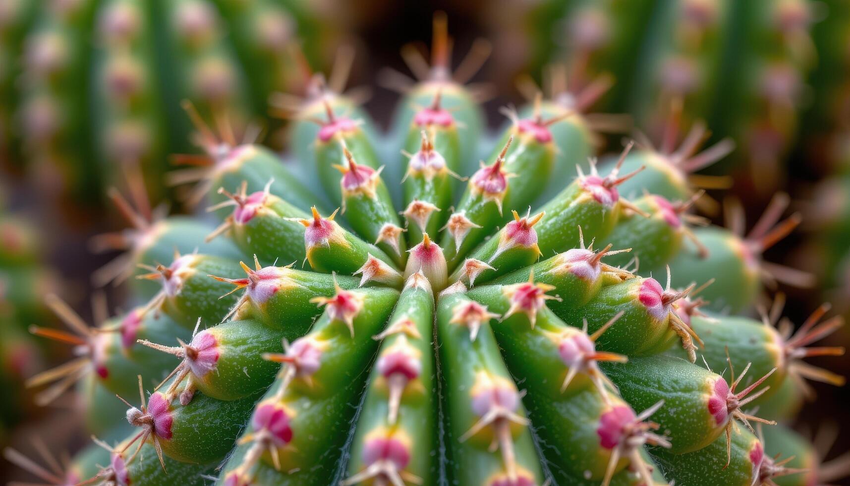 close up view of a multicolored cactus with green, red, and yellow hues on its ridged surface. photo