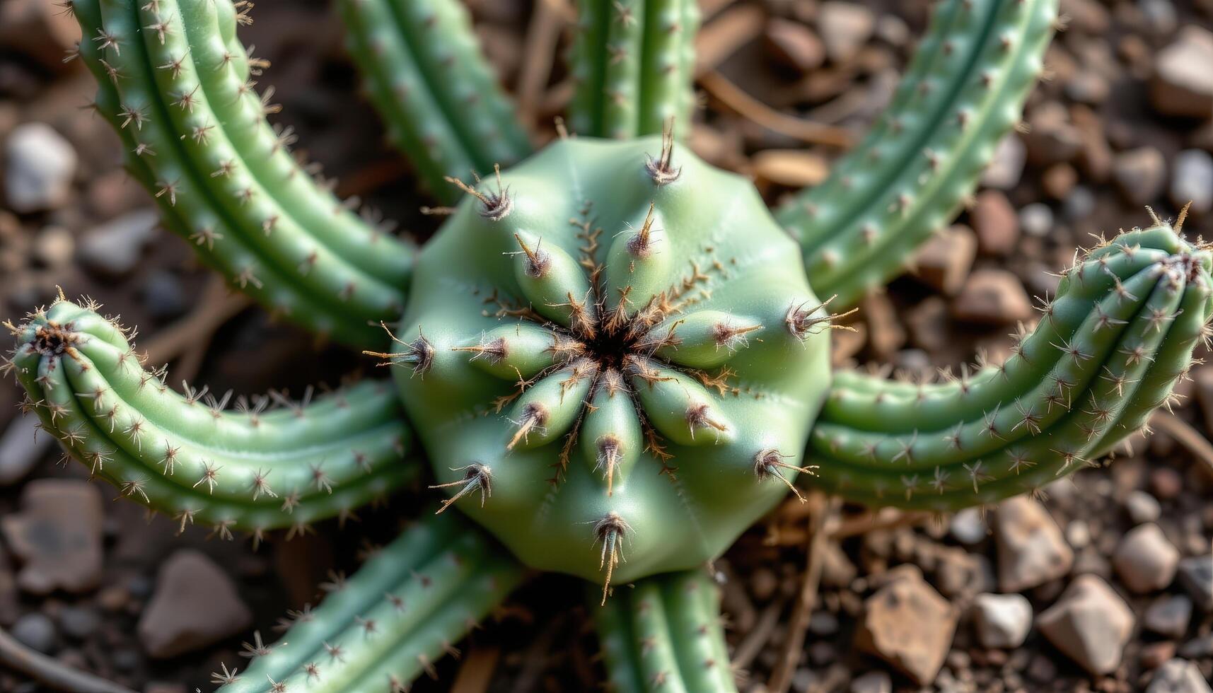 close up view of an oddly shaped cactus with curved arms and asymmetrical patterns in dry soil. photo