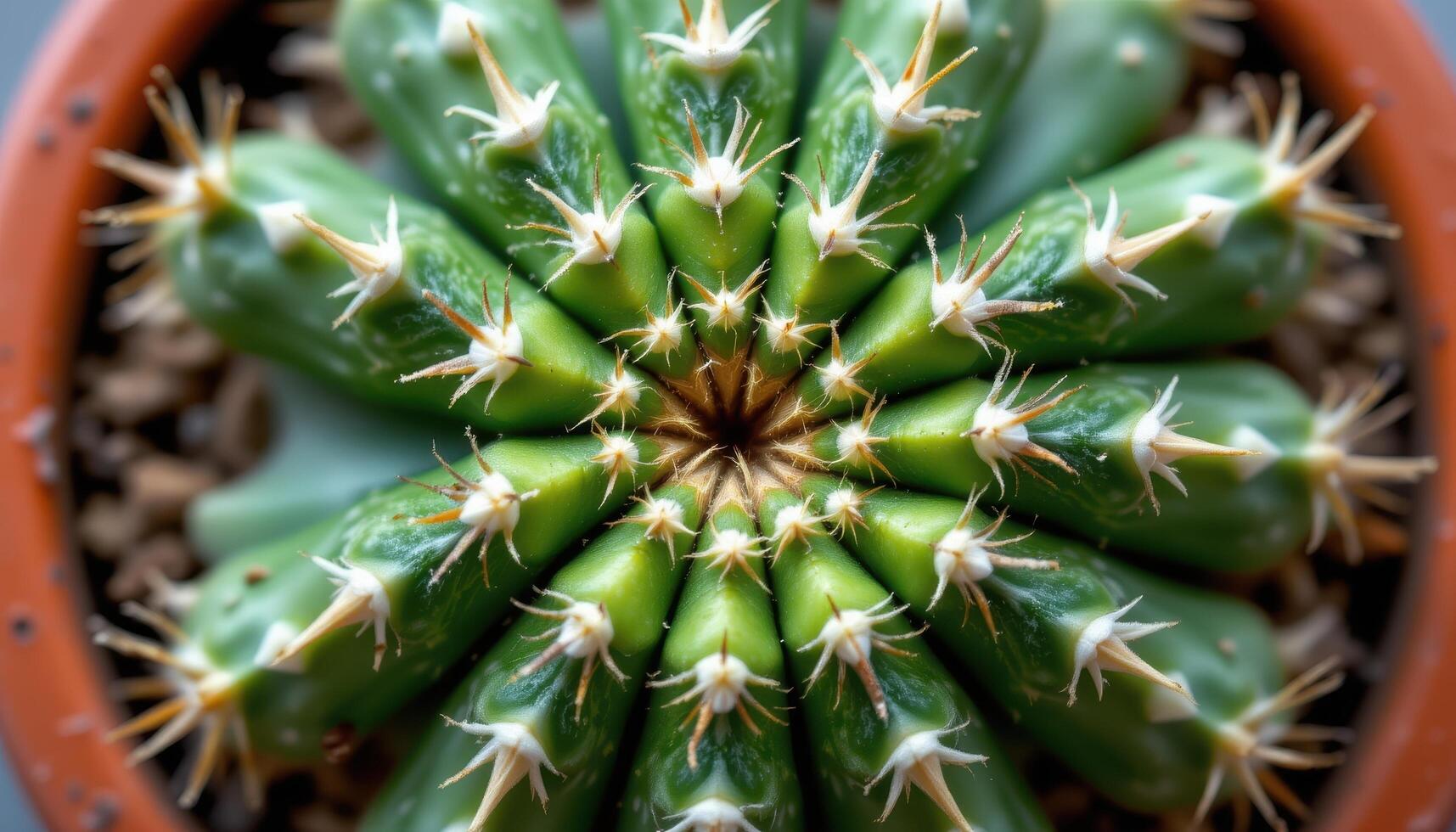 close up view of a miniature cactus with symmetrical radial growth captured from directly above. photo