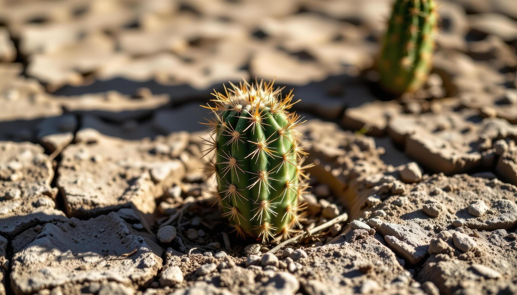 close up view of a cactus framed by cracked earth and surrounded by shadows at high noon. photo