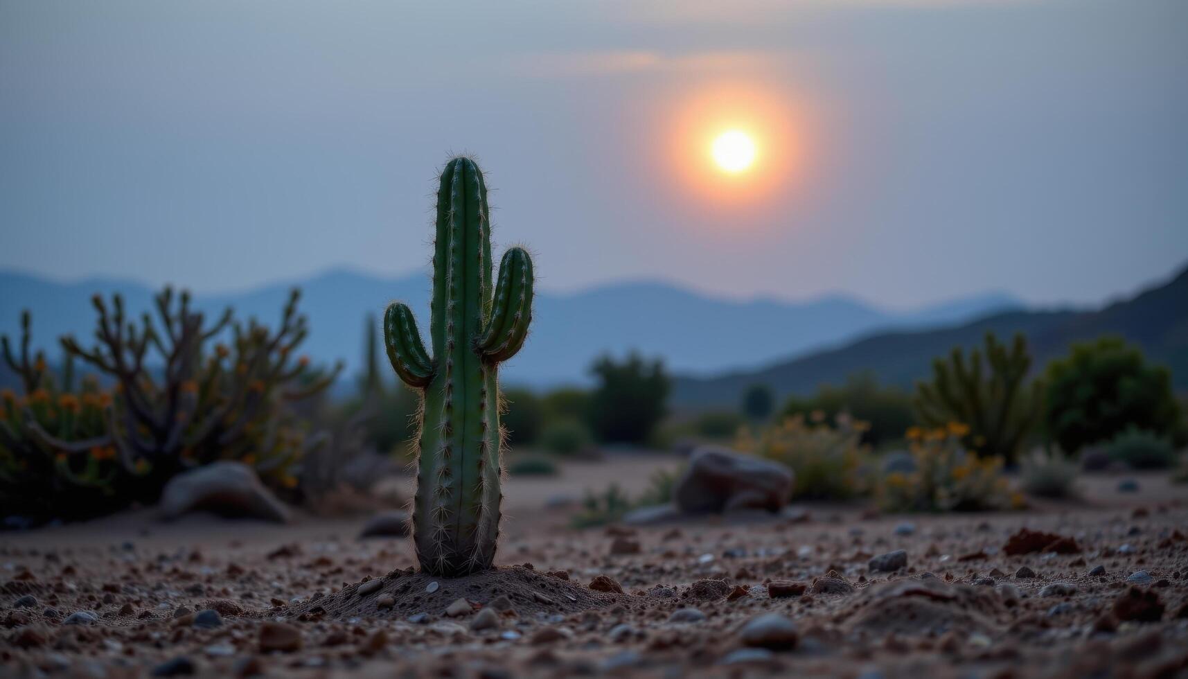close up view of a cactus standing alone in dry soil, illuminated by diffused moonlight. photo