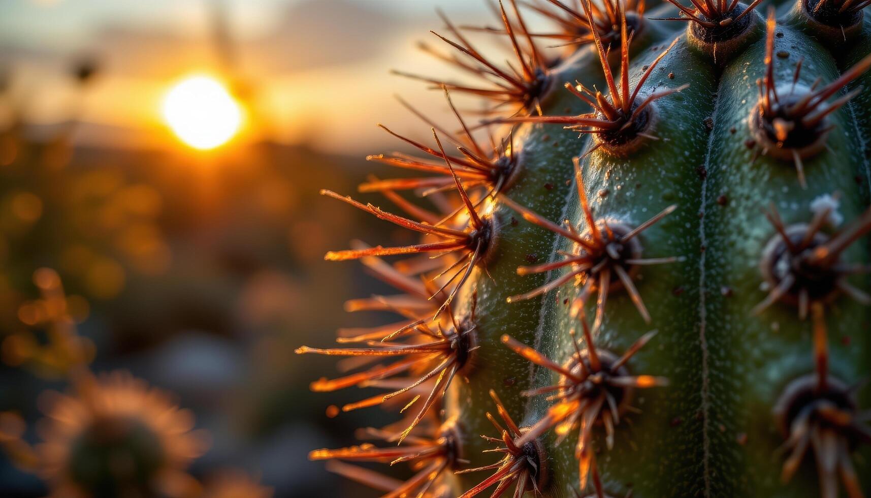 close up view of cactus needles casting dramatic shadows on the plant's textured skin at sunset. photo
