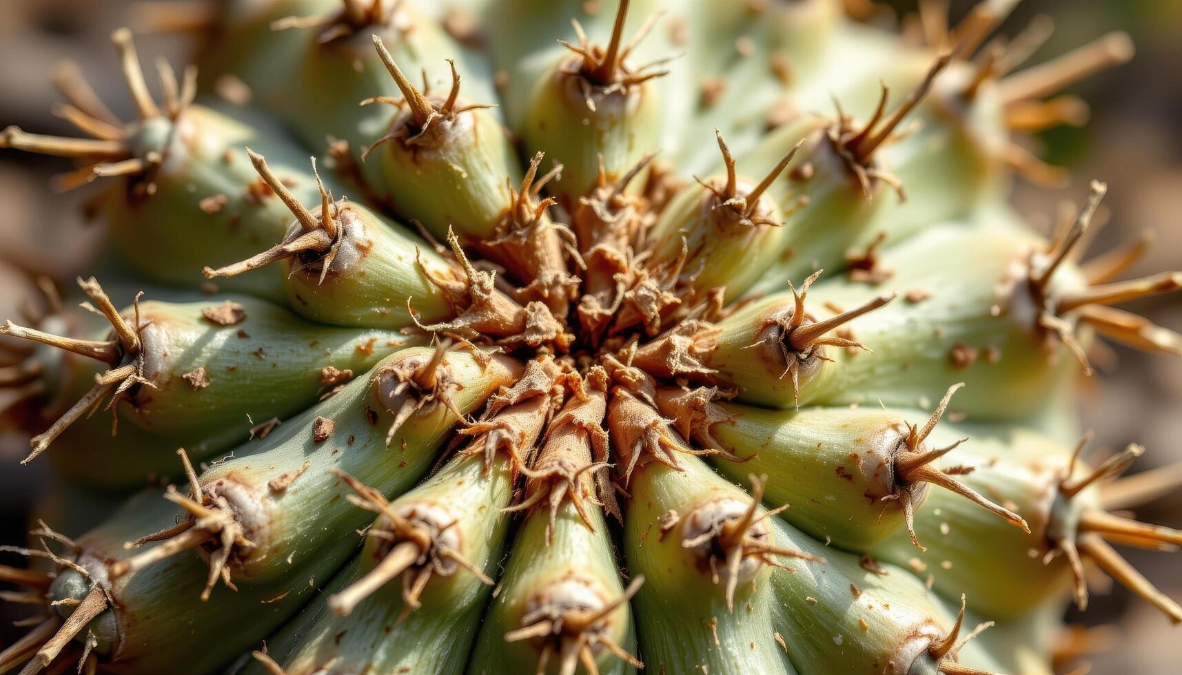 close up view of an aged cactus with weathered skin and broken needles from harsh desert winds. photo