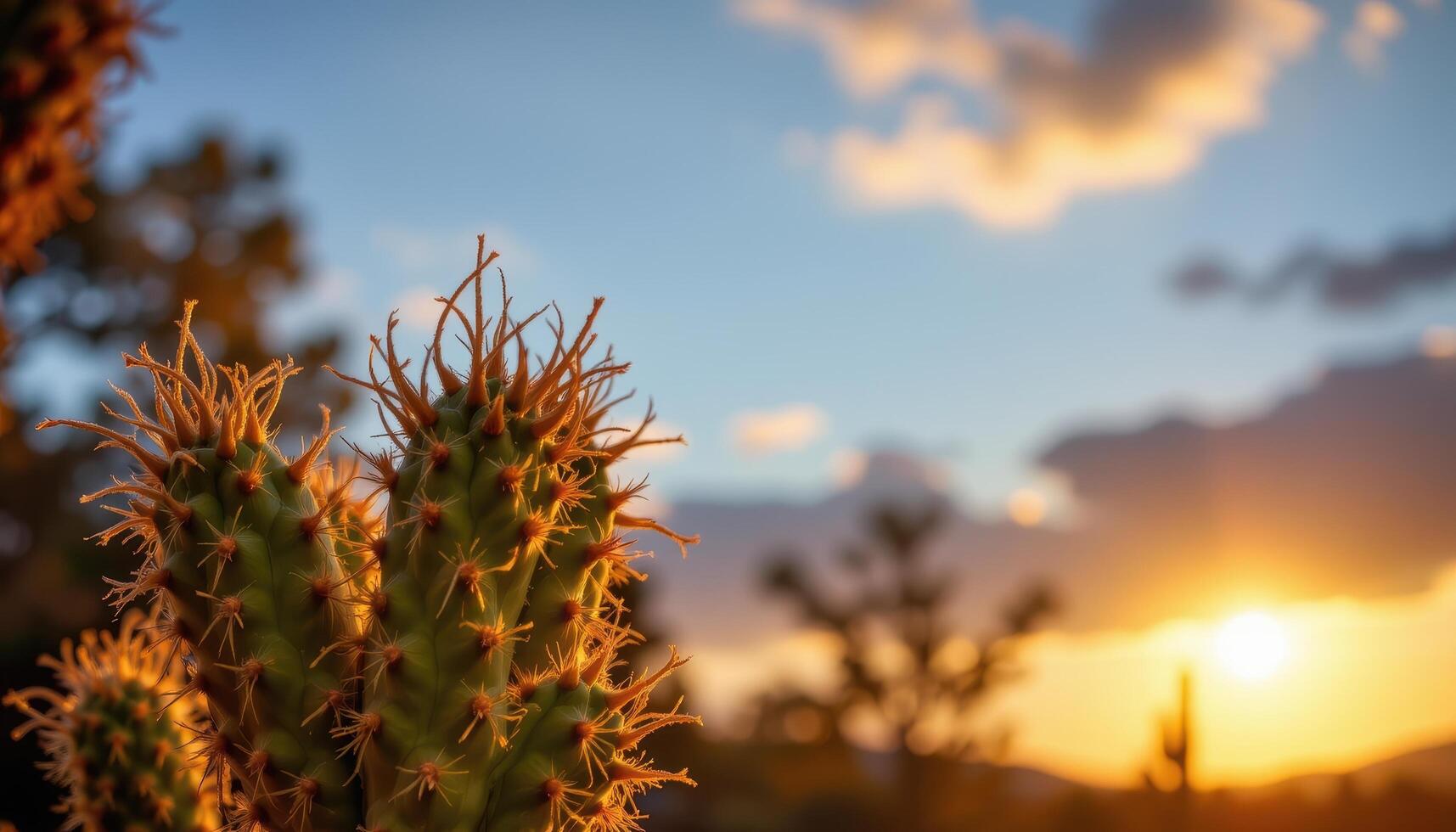 close up view of a glowing cactus under warm sunset light and soft shadows. photo