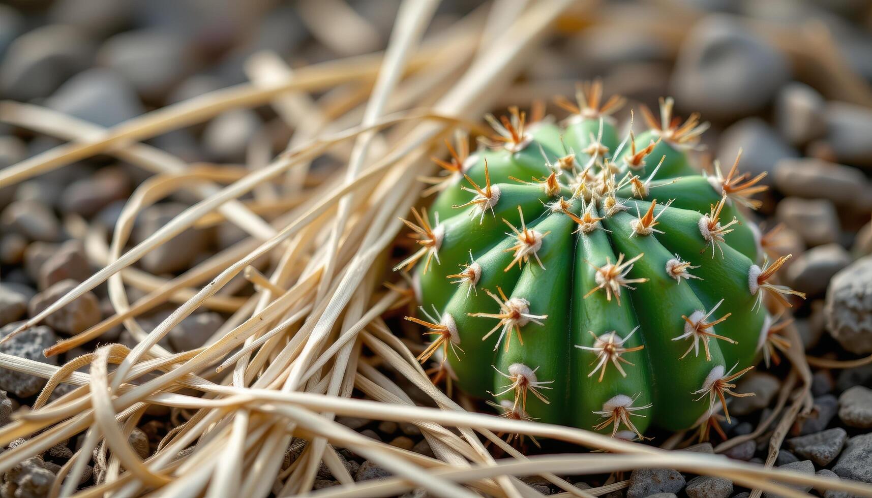 close up view of a cactus resting beside dried grasses, with its spines in gentle contrast. photo