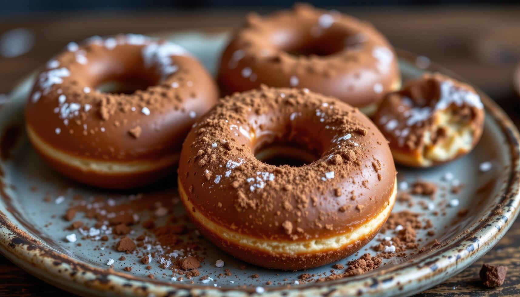 close up view of chocolate filled donuts dusted with cocoa powder and set on a rustic plate. photo