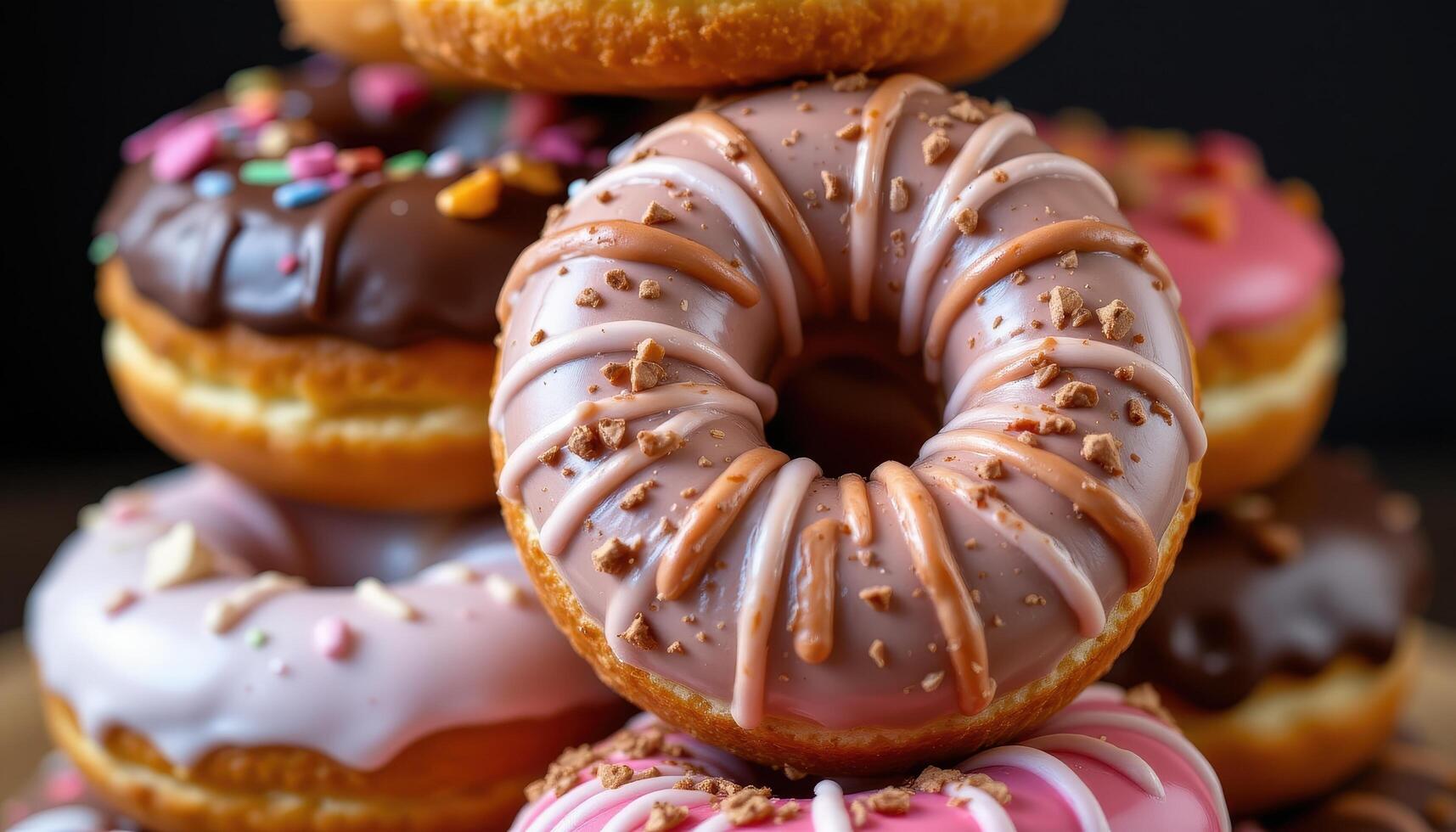 close up view of donuts stacked pyramid style with alternating glaze colors and textures. photo