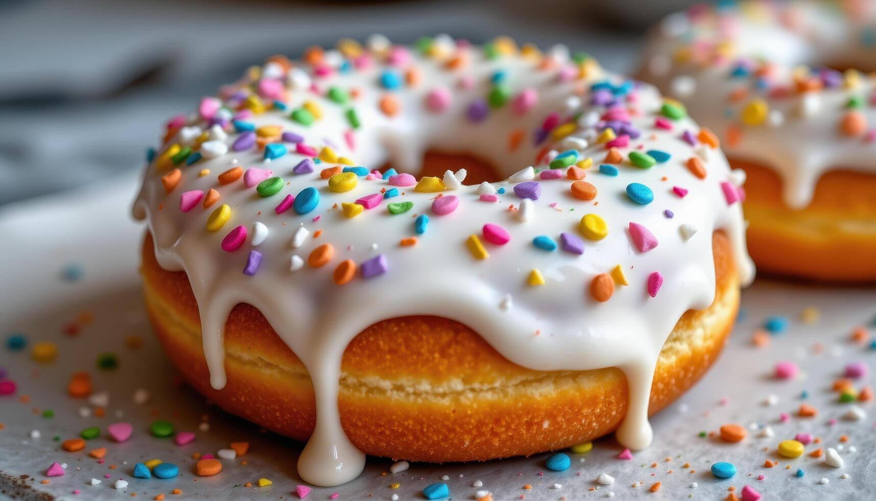 close up view of a thick frosted donut with icing running down the sides and multicolor nonpareils. photo