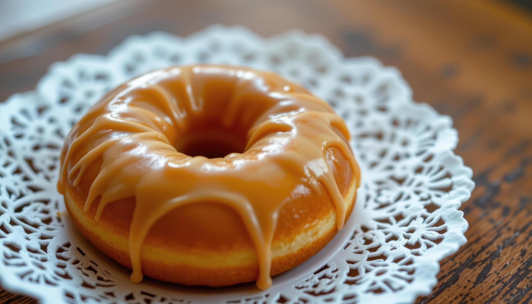 close up view of a single donut resting in a lace paper doily with caramel glaze. photo