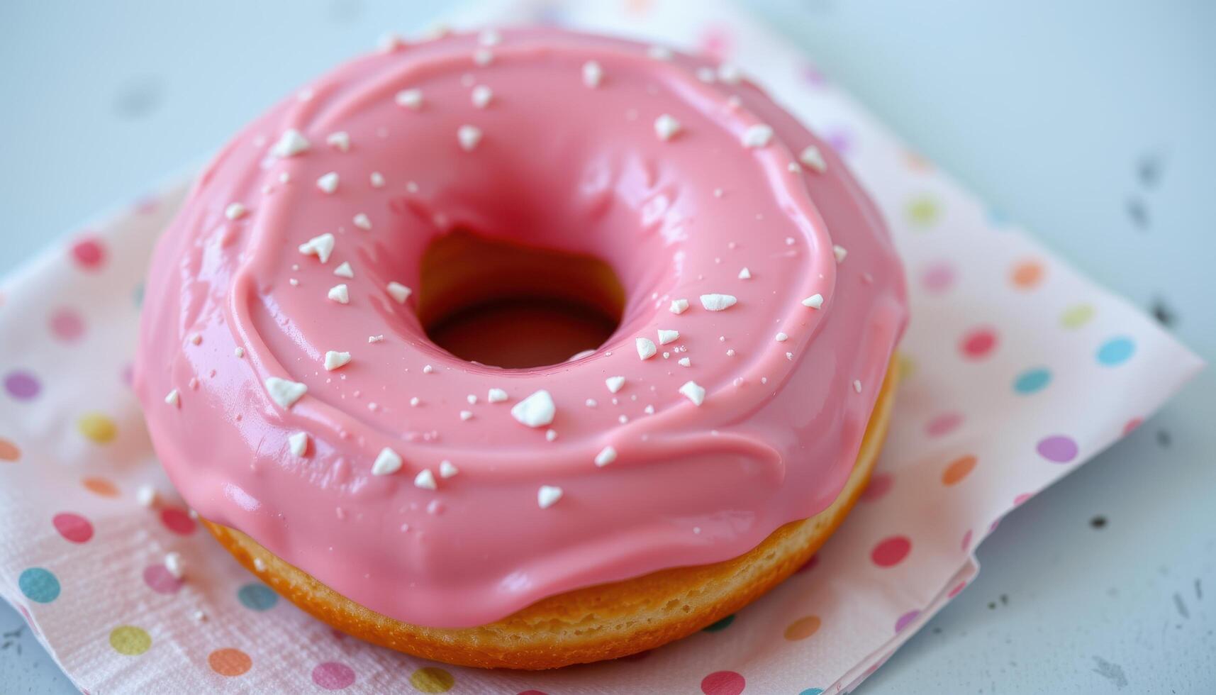 close up view of a pink frosted donut with a perfect ring shape, placed on a pastel polka dotted napkin. photo