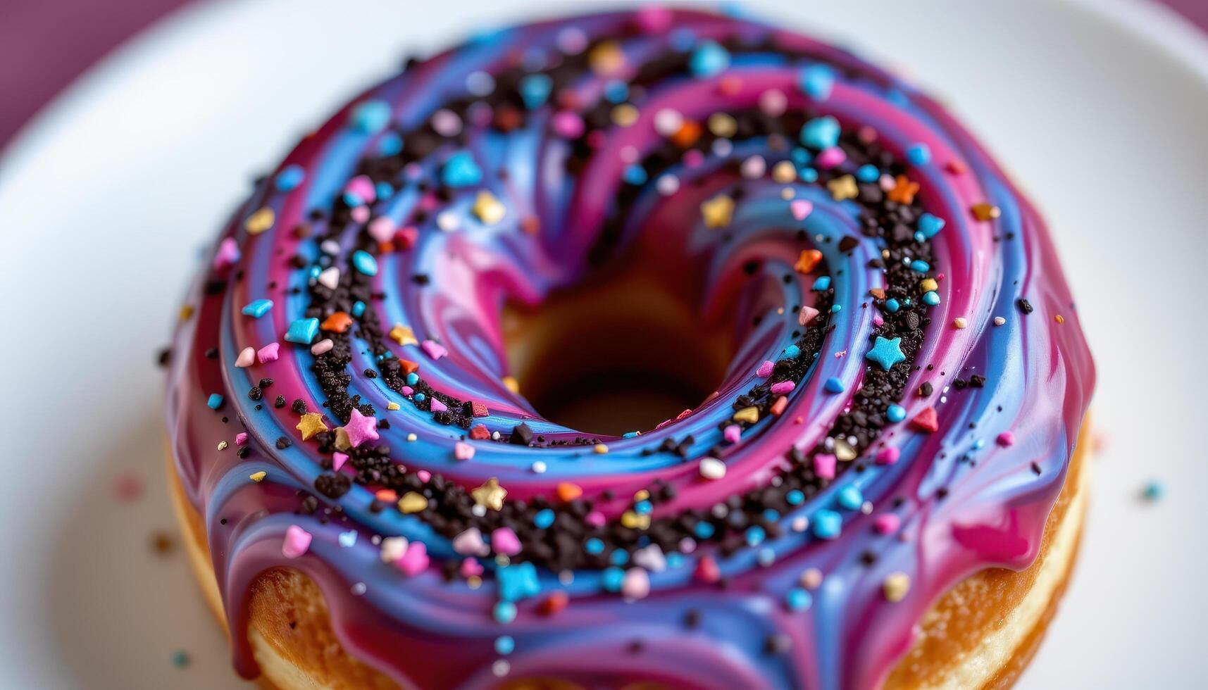close up view of galaxy themed donut with swirls of purple, blue, and sparkles of edible glitter. photo