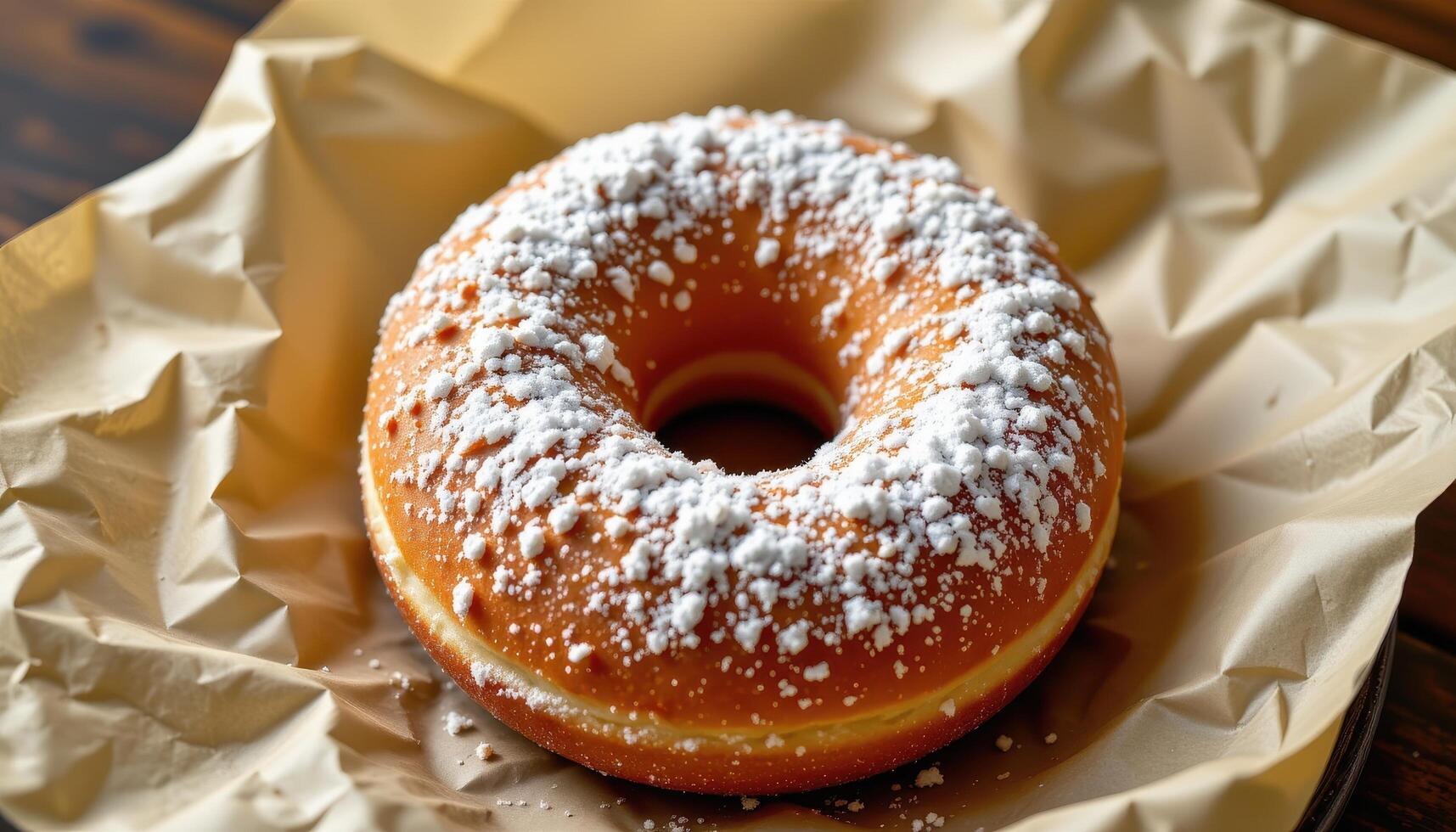 close up view of a fluffy donut covered in powdered sugar placed on a vintage paper wrapper. photo