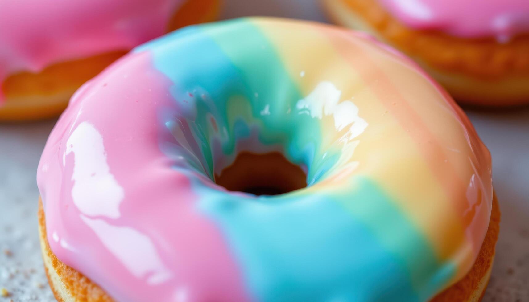 close up view of a pastel colored donut with smooth gradient icing and a subtle glossy shine. photo