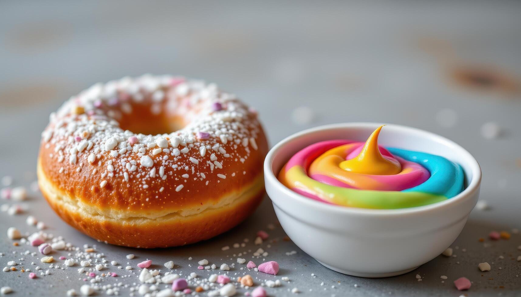 close up view of a sugar coated donut placed next to a small bowl of colorful icing. photo