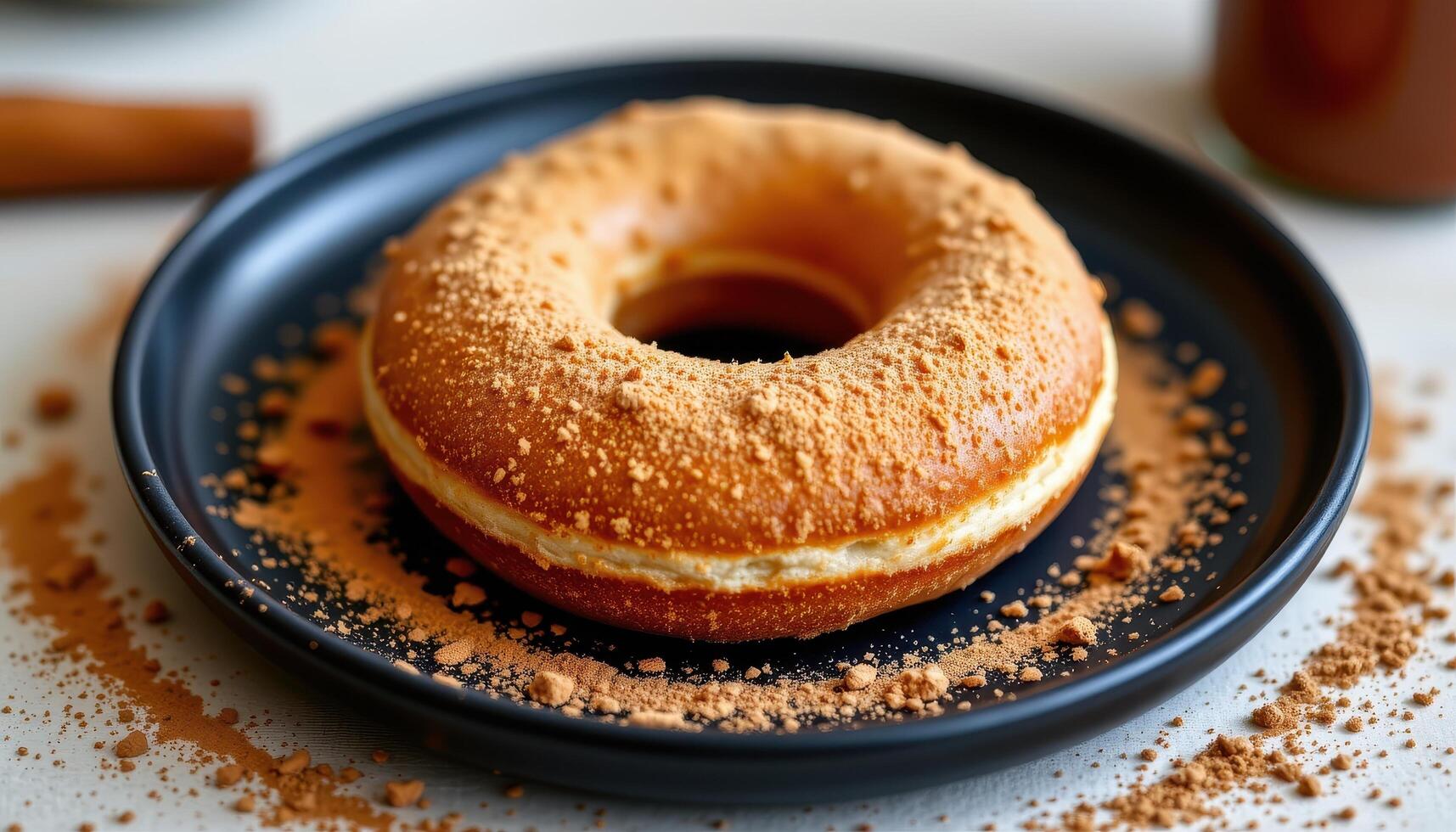 close up view of a cinnamon sugar donut ring on a matte black plate with powdered cinnamon surrounding it. photo