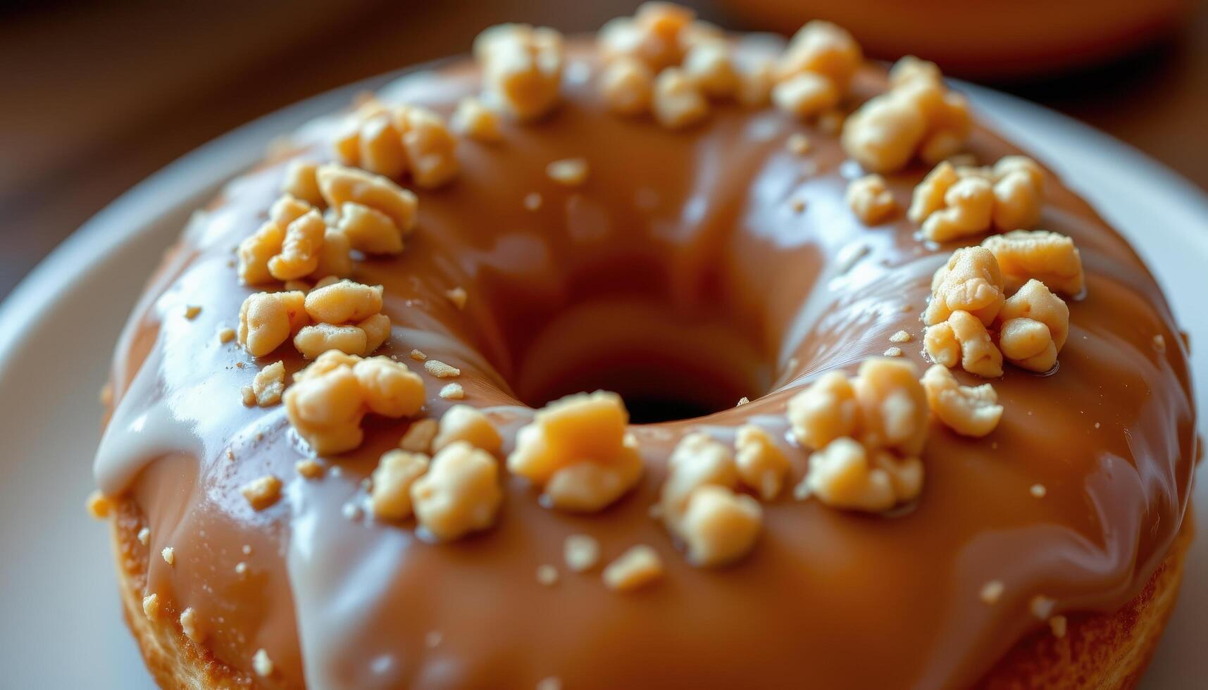 close up view of a caramel donut with a glossy glaze and a ring of chopped walnuts. photo