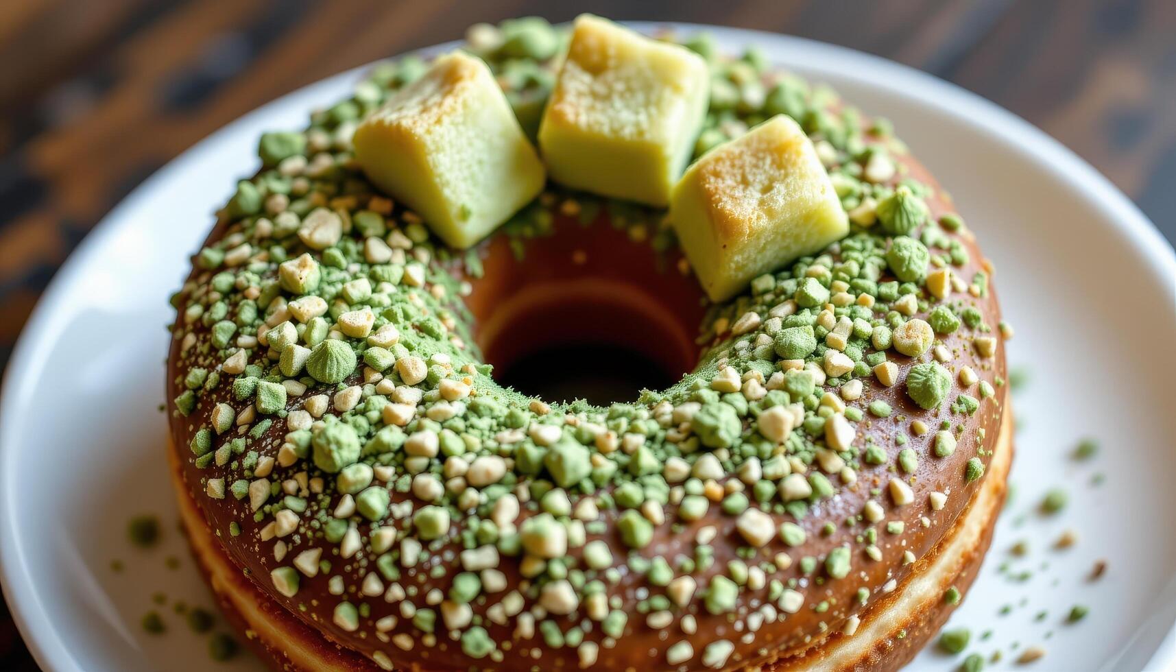 close up view of a donut dusted with matcha powder and topped with mochi cubes. photo