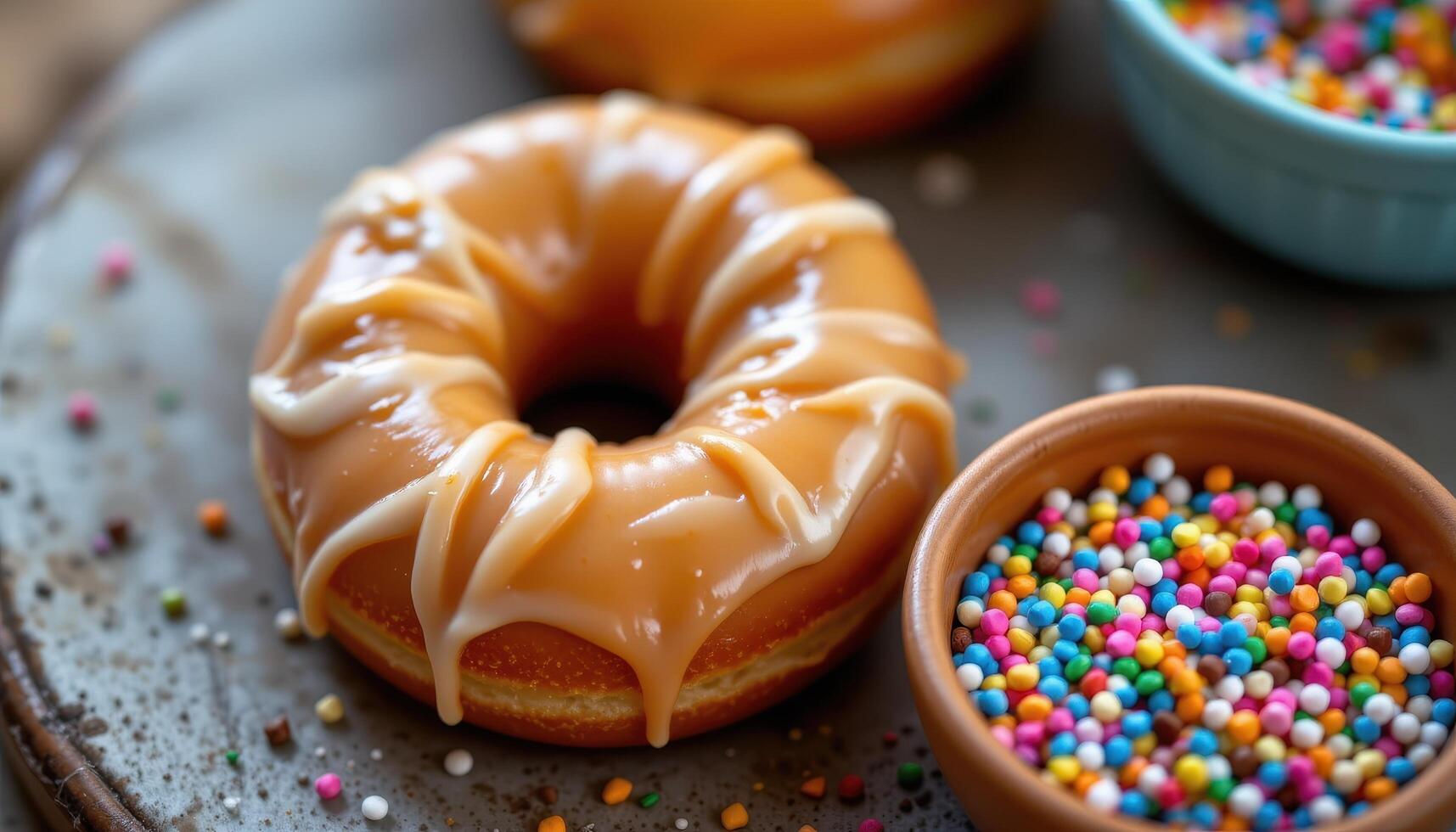 close up view of an iced donut placed beside a small bowl of sprinkles and glaze. photo