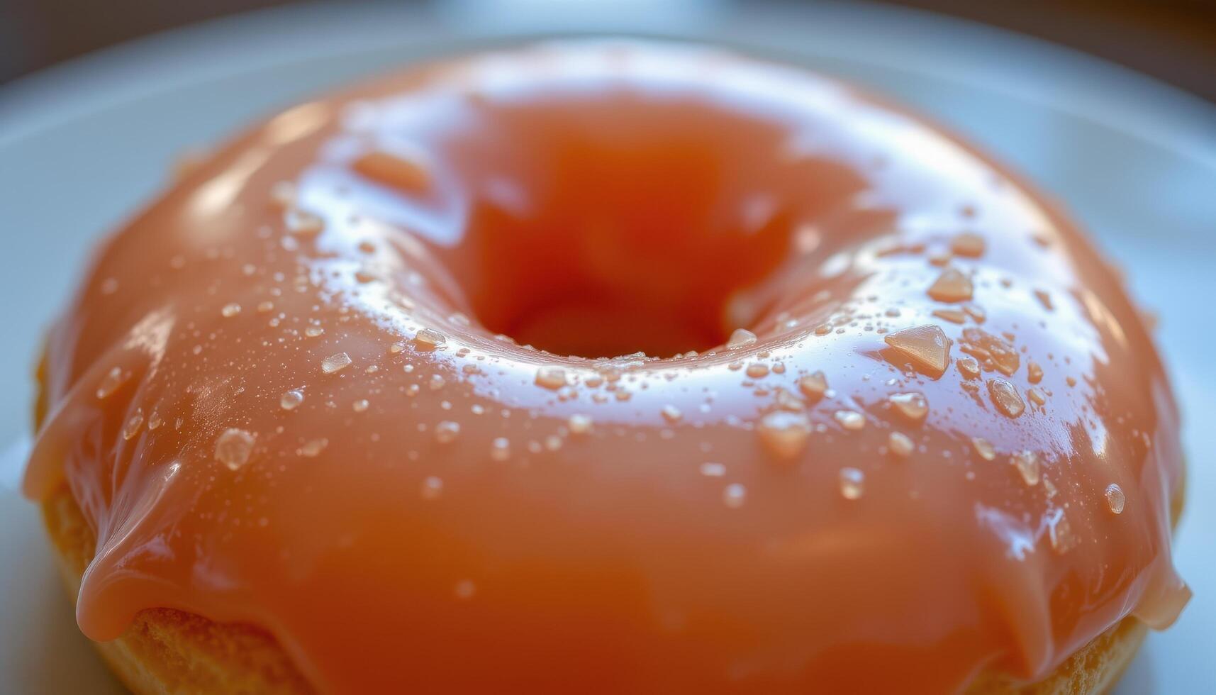 close up view of a donut with translucent jelly glaze glowing under soft lighting. photo
