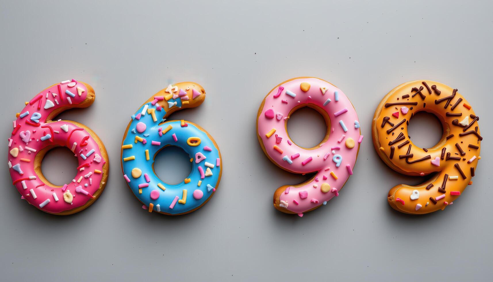 close up view of donuts arranged as numbers on a neutral matte surface. photo
