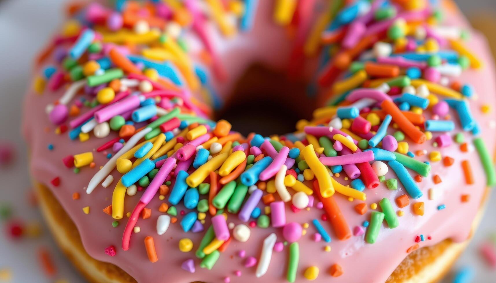 close up view of a donut topped with rainbow sugar strands and pastel glaze. photo