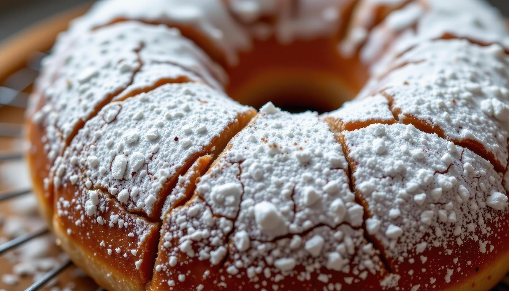 close up view of a rustic donut with cracked surface and heavy powdered sugar dusting. photo