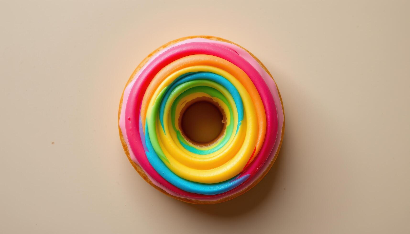 close up view of a donut with layered icing resembling a rainbow, arranged on a neutral backdrop. photo