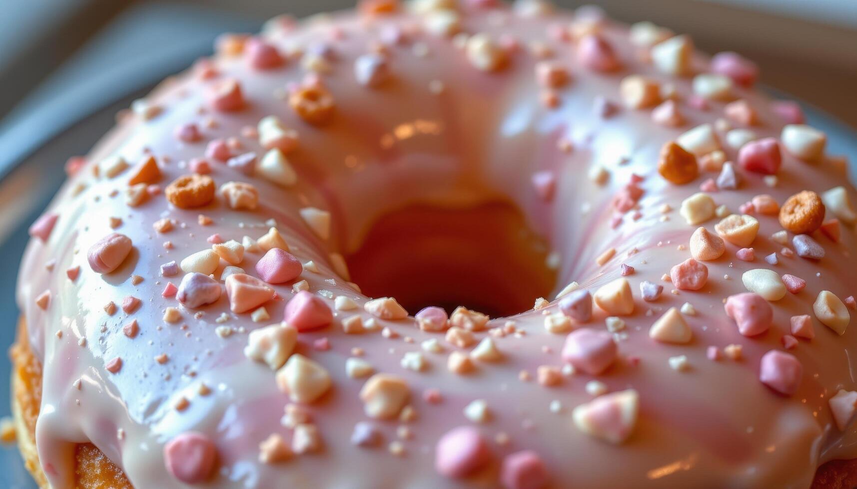 close up view of an elegant donut with pearlescent icing and a metallic sheen. photo