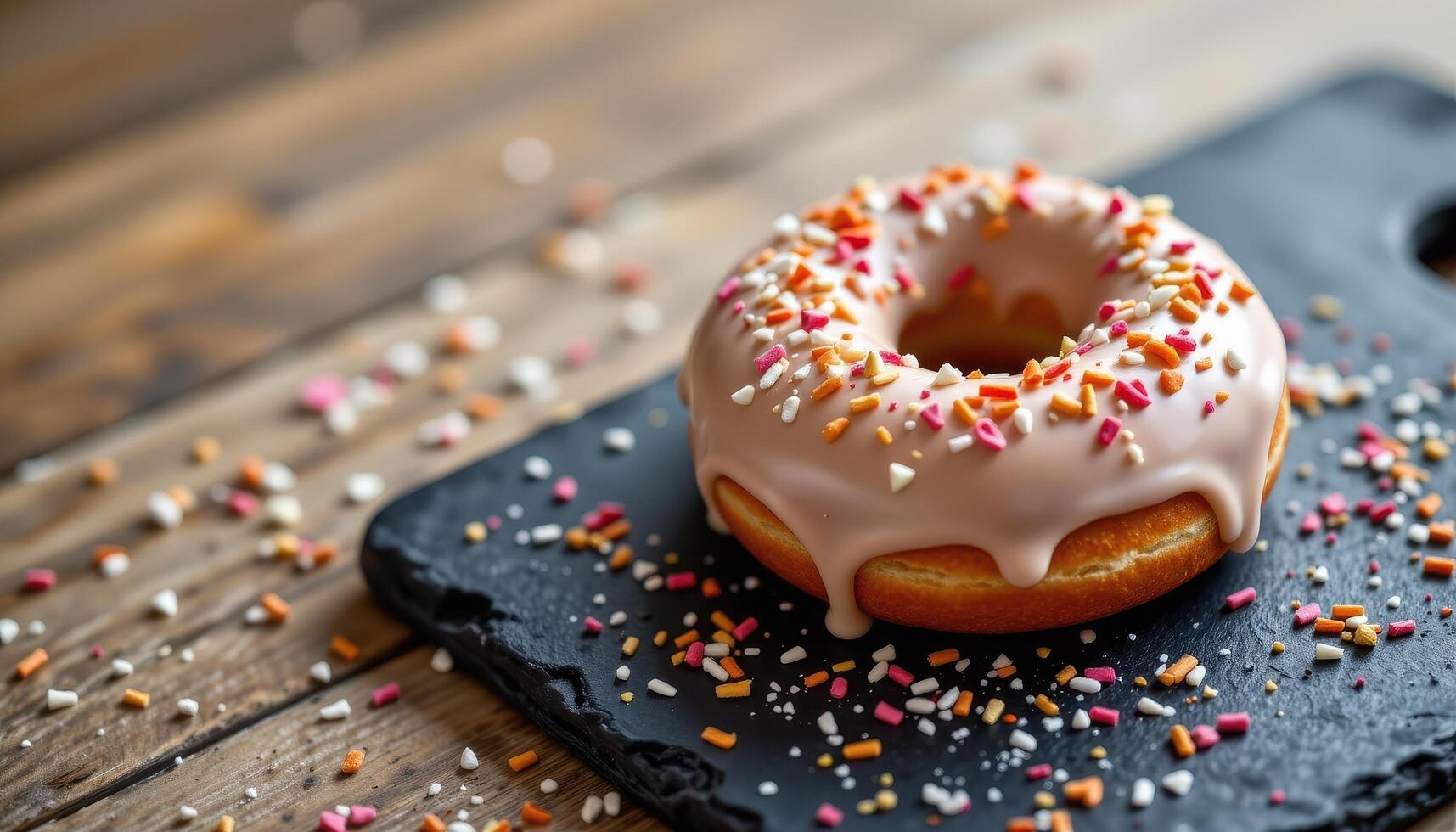 close up view of a donut on a slate board surrounded by loose sprinkles and icing trails. photo