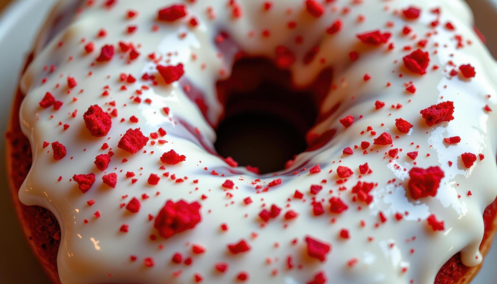 close up view of a red velvet donut topped with cream cheese glaze and red crumbs. photo