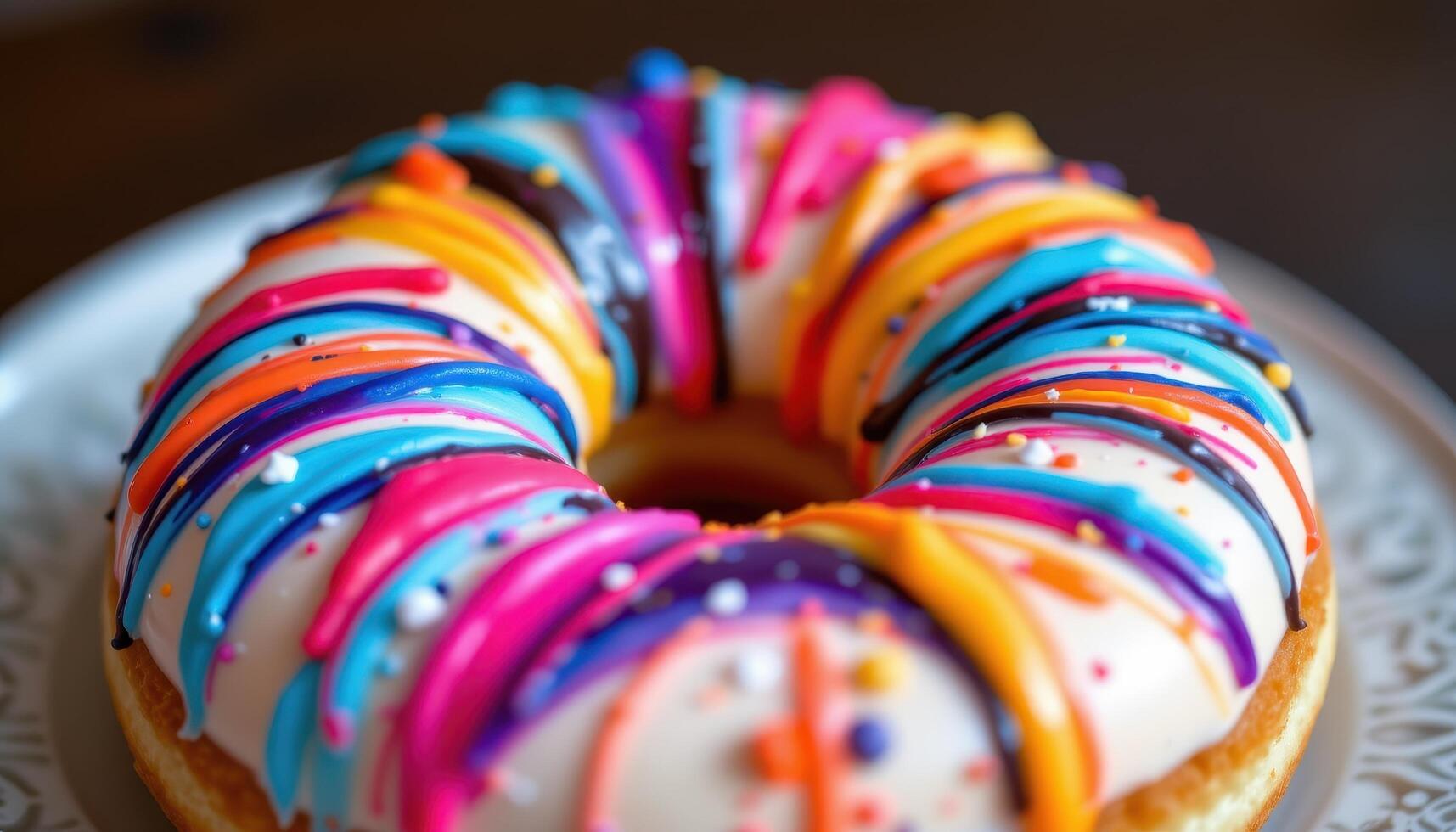 close up view of a donut with abstract icing art using vibrant edible colors. photo