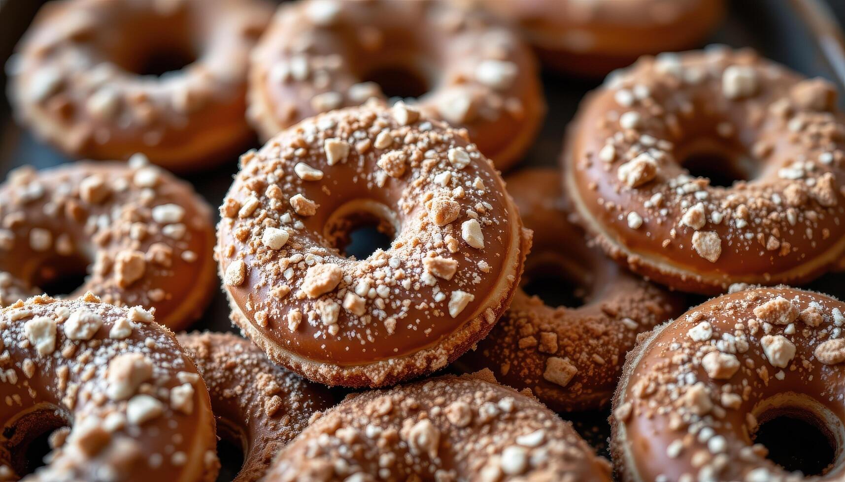 close up view of classic ring donuts coated in fine cinnamon sugar and perfectly round edges. photo