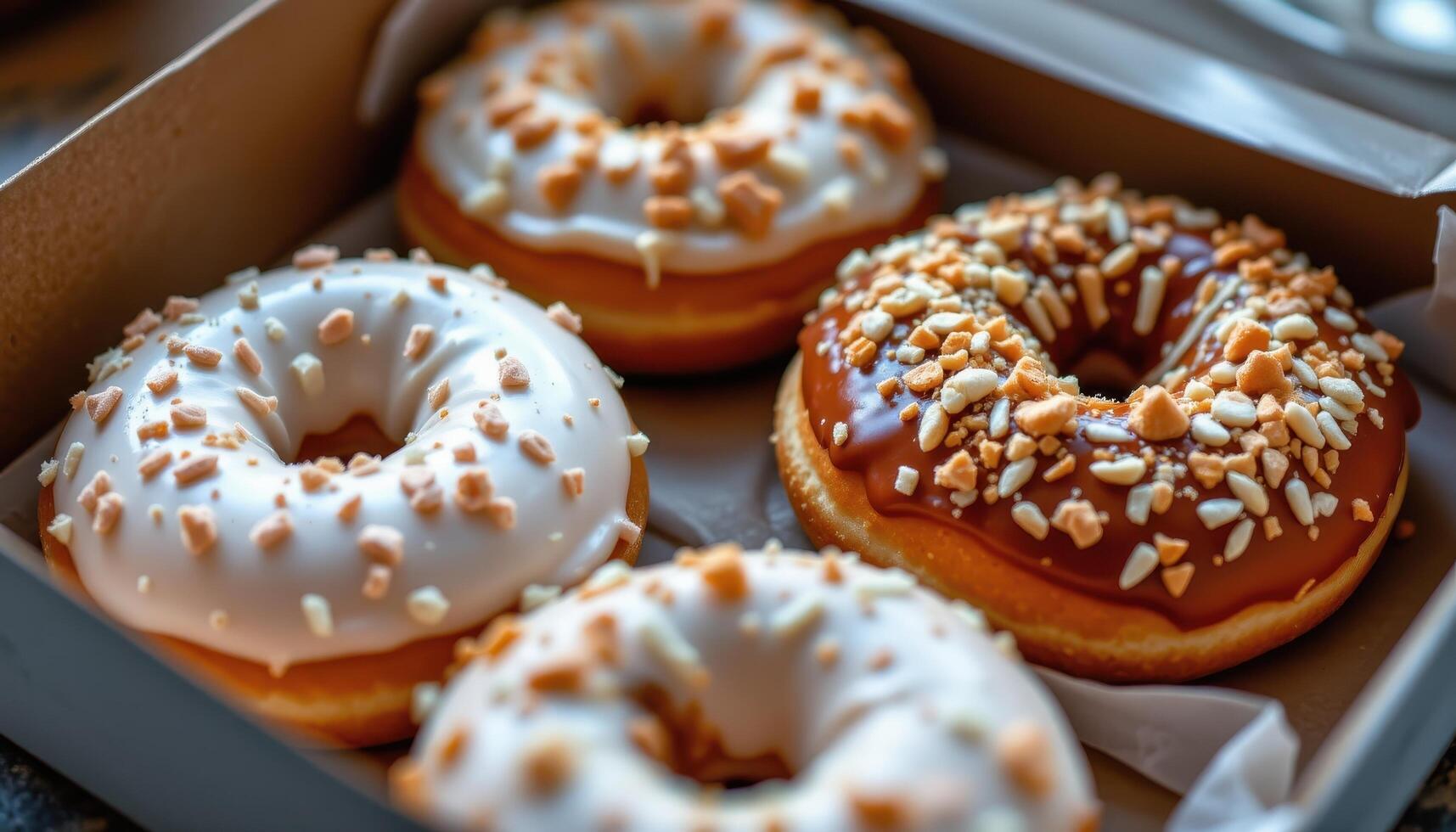 close up view of frosted donuts in a box with transparent lid showing detailed textures. photo