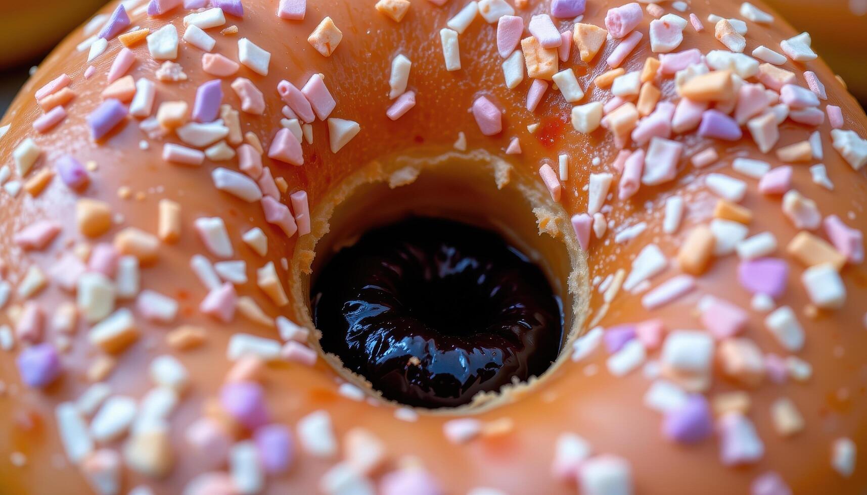 close up view of a jelly filled donut with a bite taken out, showing the filling inside. photo