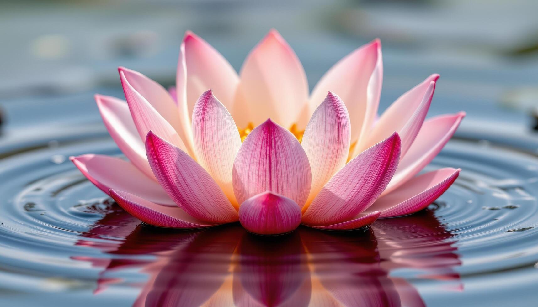 close up view of lotus petals unfolding symmetrically above still water, reflecting soft ripples and natural color gradients. photo