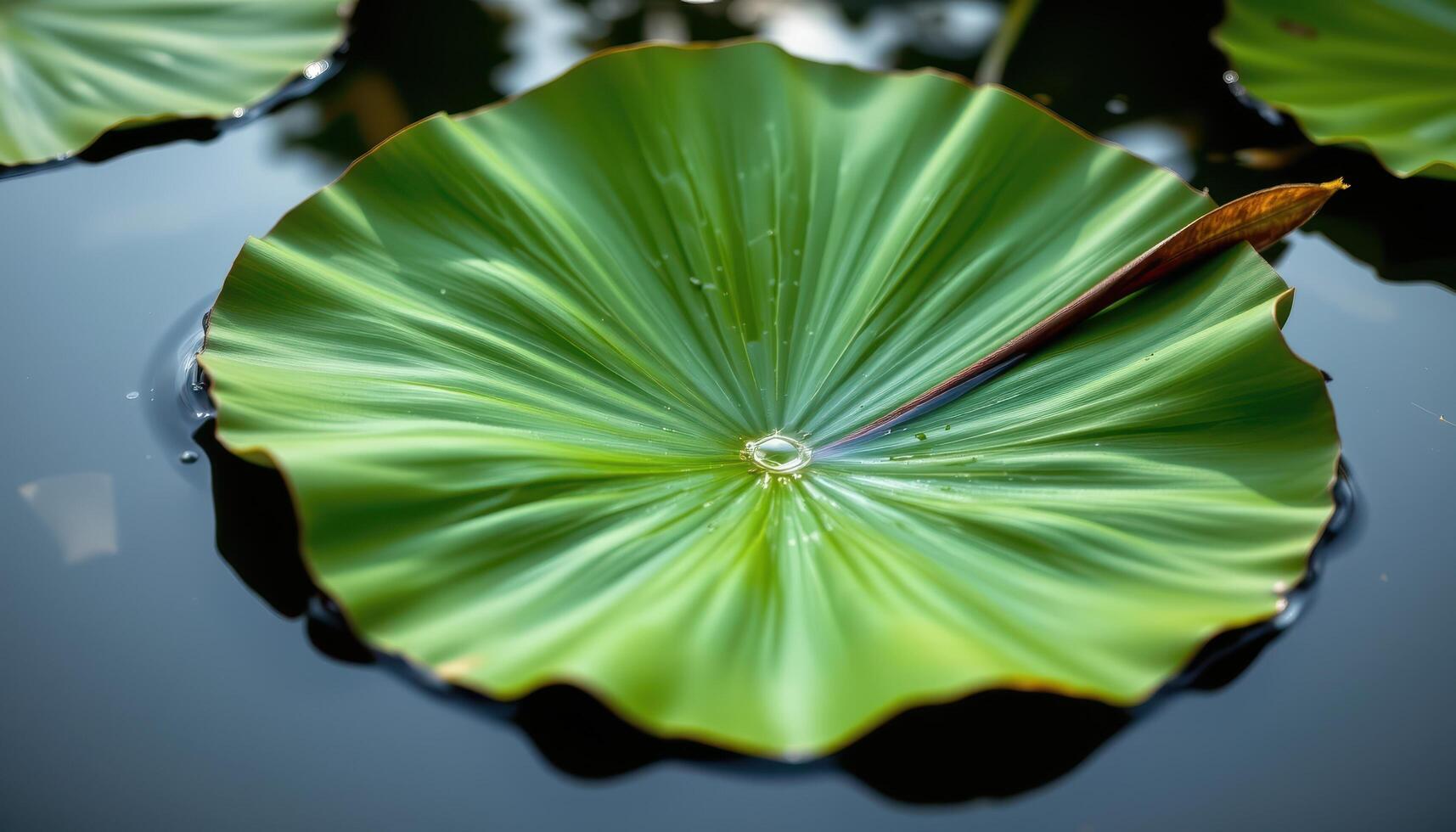 close up view of a large lotus leaf floating on still water, edges curled and glossy. photo