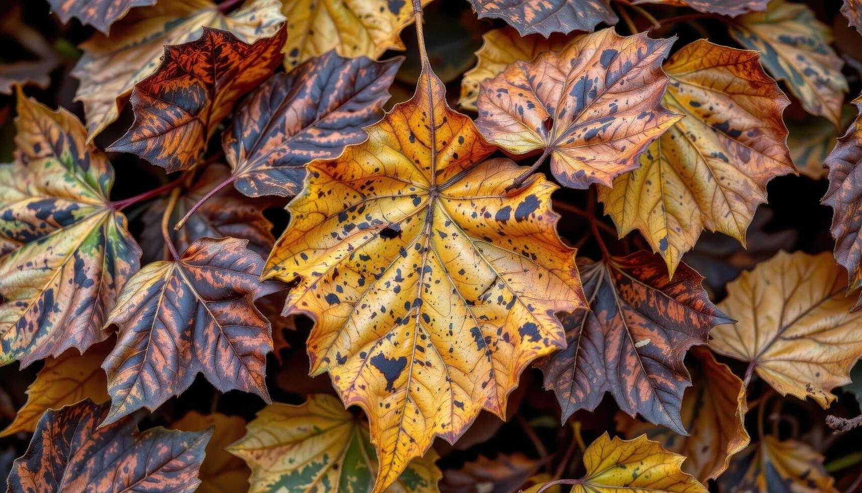 close up view of a collection of autumn leaves, each displaying unique decay patterns. photo