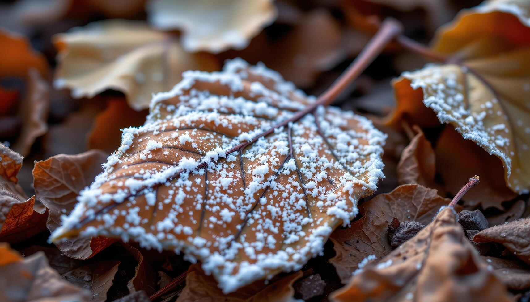 close up view of frost forming crystal patterns on fallen autumn leaves. photo