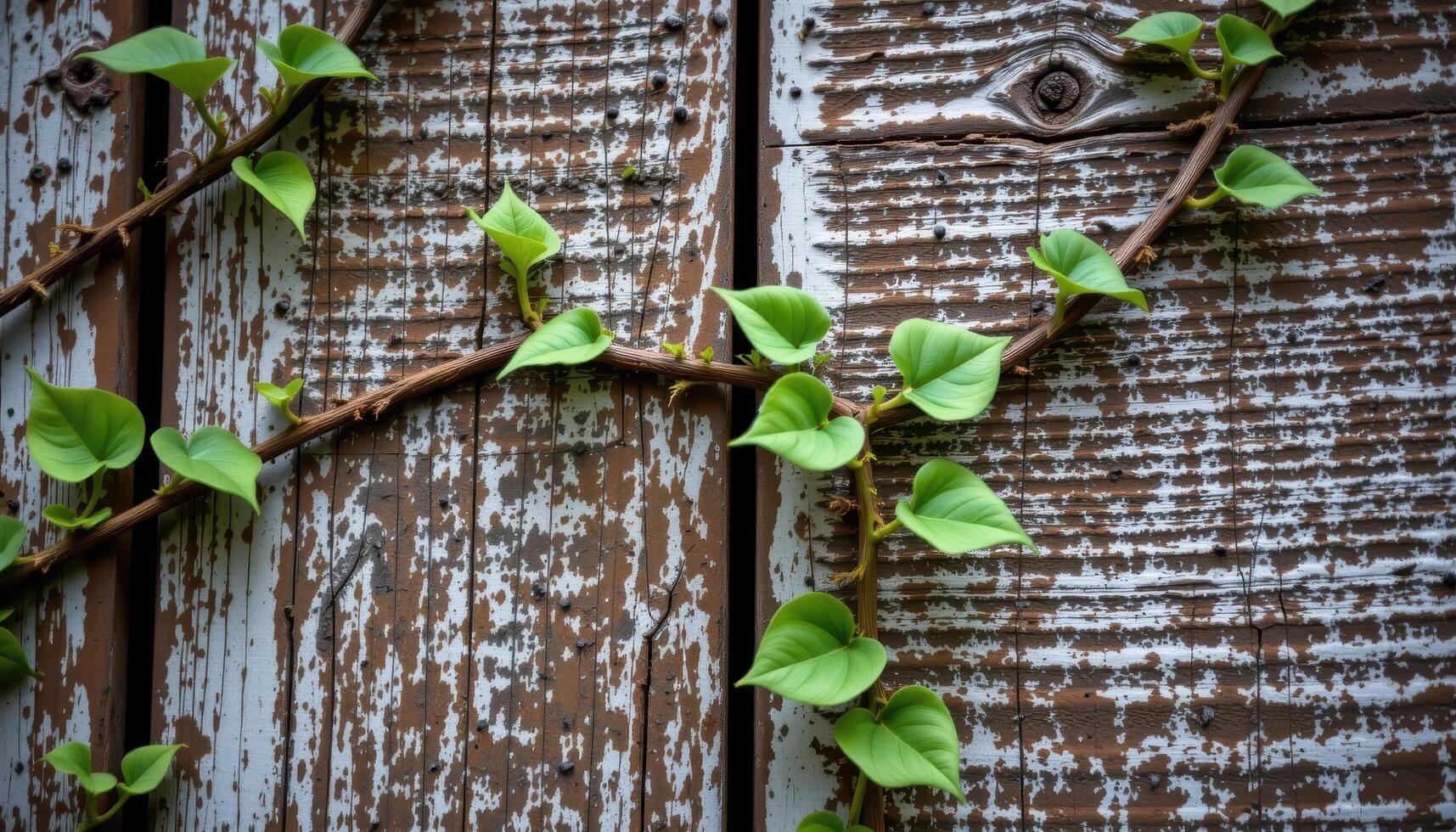 close up view of ivy tendrils climbing across aged wood with contrast and clarity. photo