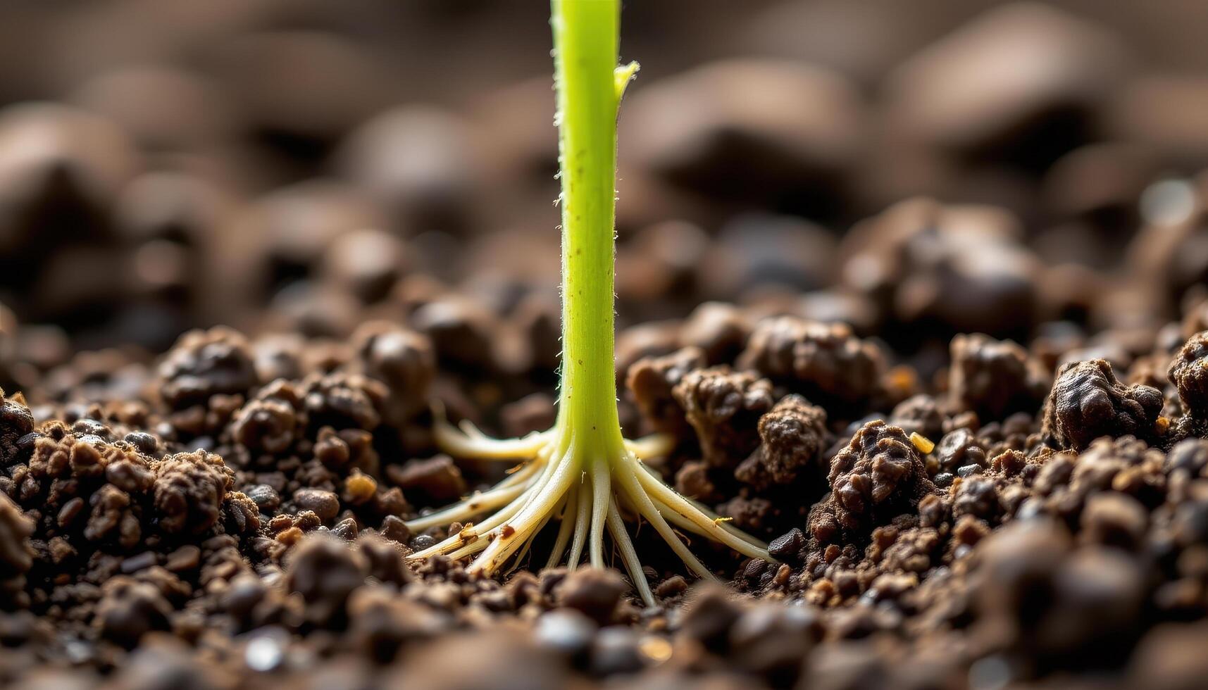 close up view of tiny roots sprouting from a young seedling in moist soil. photo