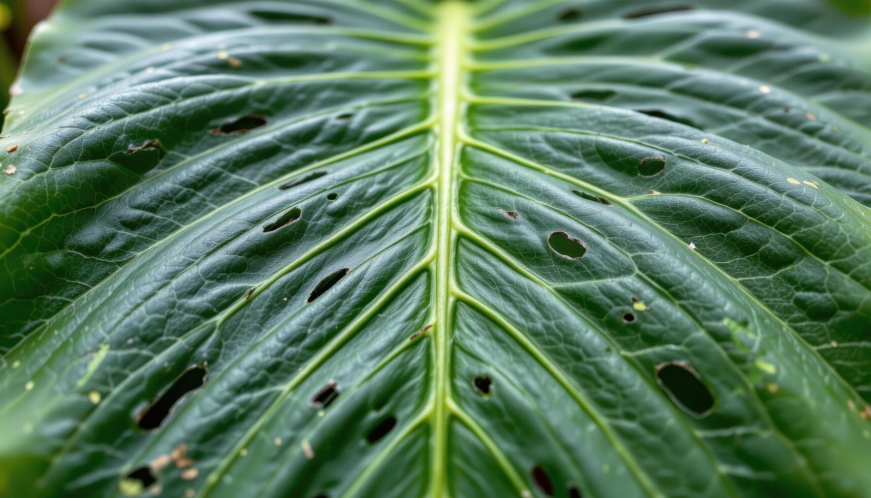 close up view of a thick tropical plant leaf with symmetrical perforations and veins. photo