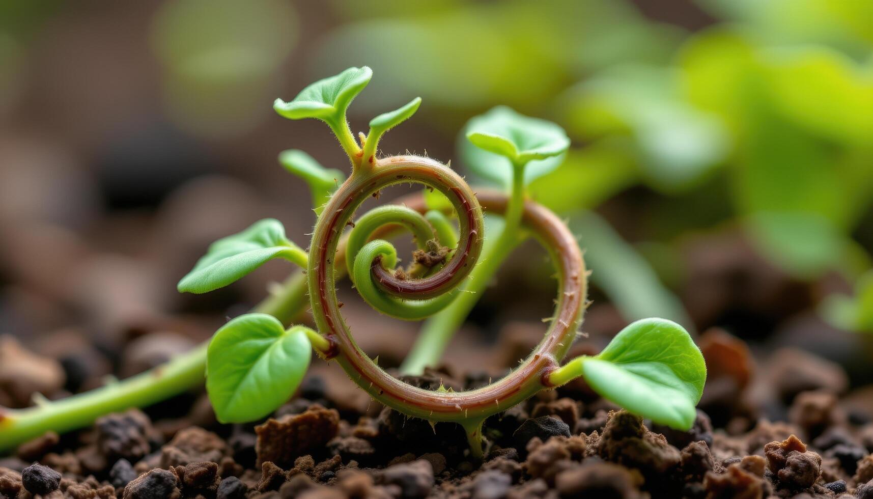 close up view of a sprouting vine coiling around itself with fresh leaves unfurling in slow motion. photo