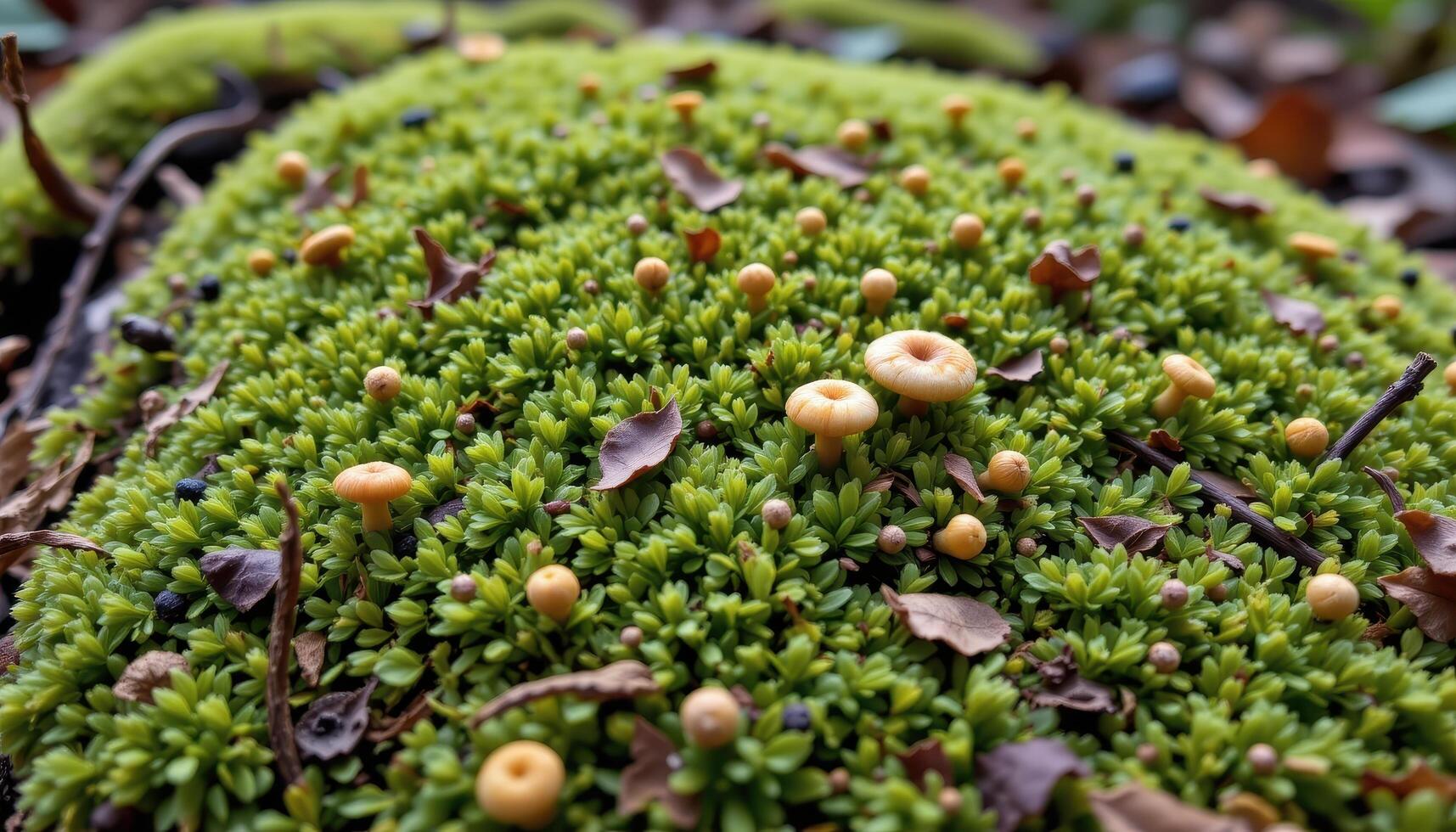 close up view of a forest ground patch covered in a thick carpet of moss, dotted with tiny fungi and leaf debris. photo