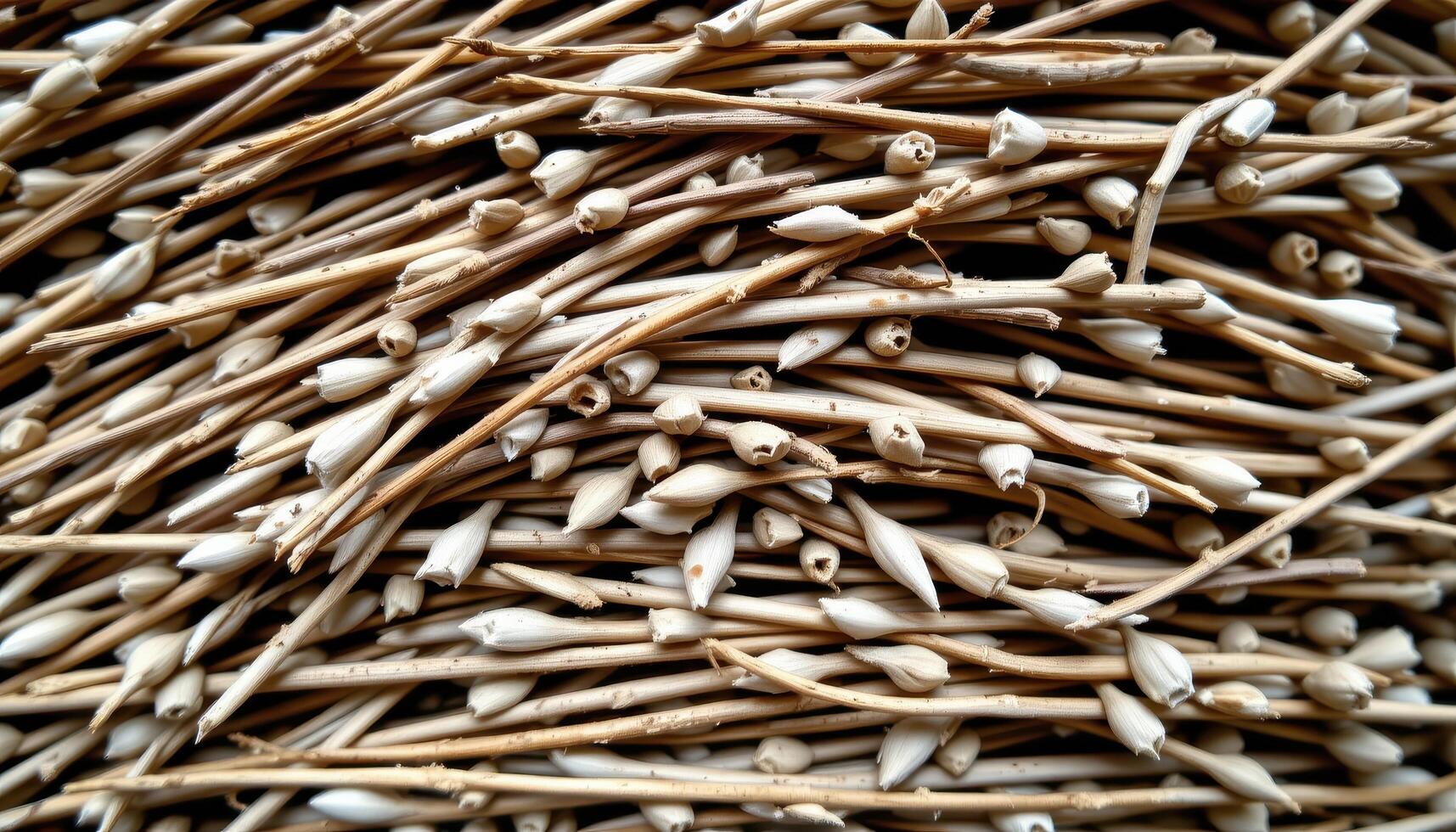 close up view of layers of dried grass tightly packed in a dense arrangement, showing varied textures and subtle hues. photo