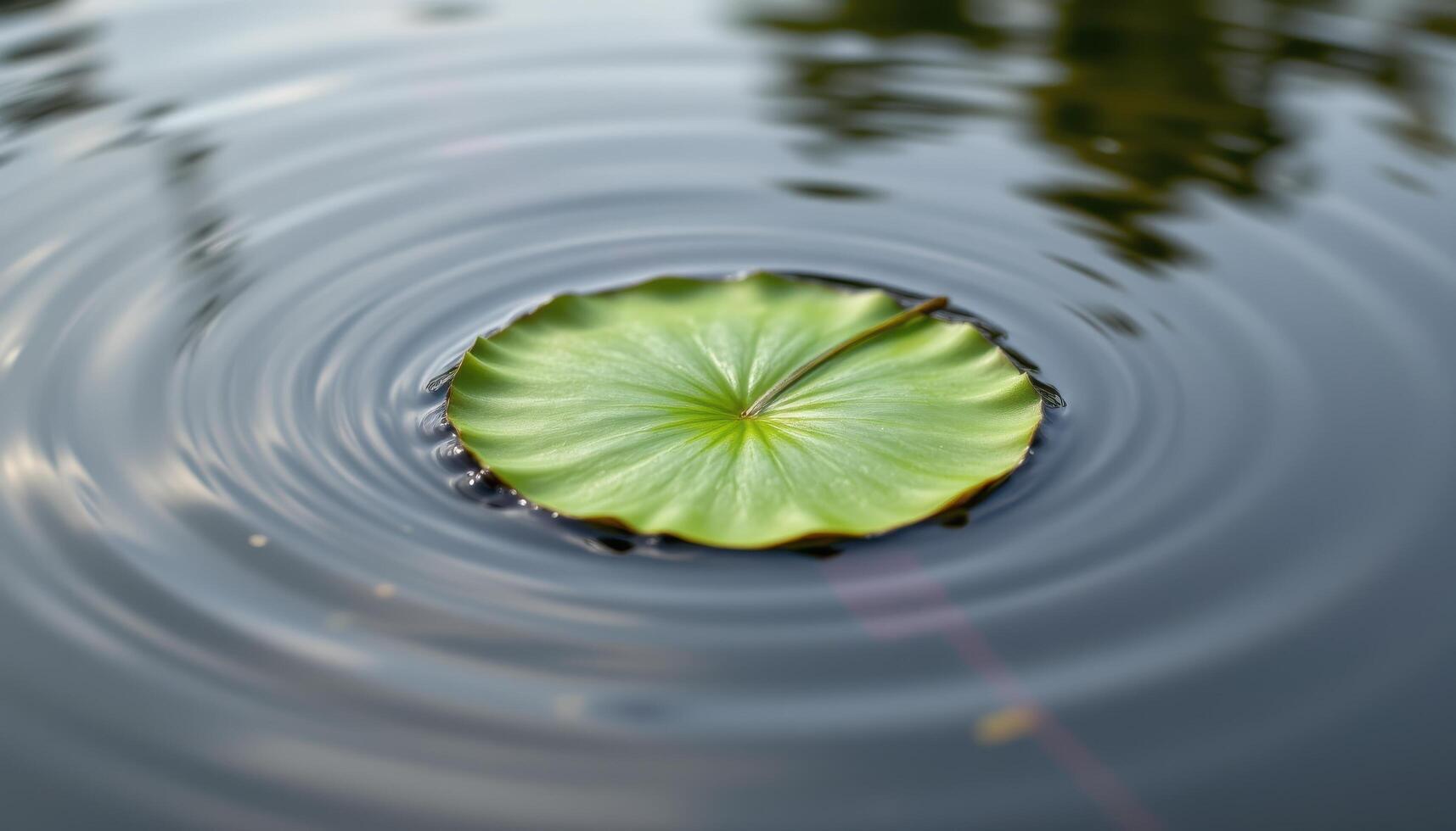 close up view of a lily pad floating on a still pond with its smooth surface and subtle water ripple reflections. photo