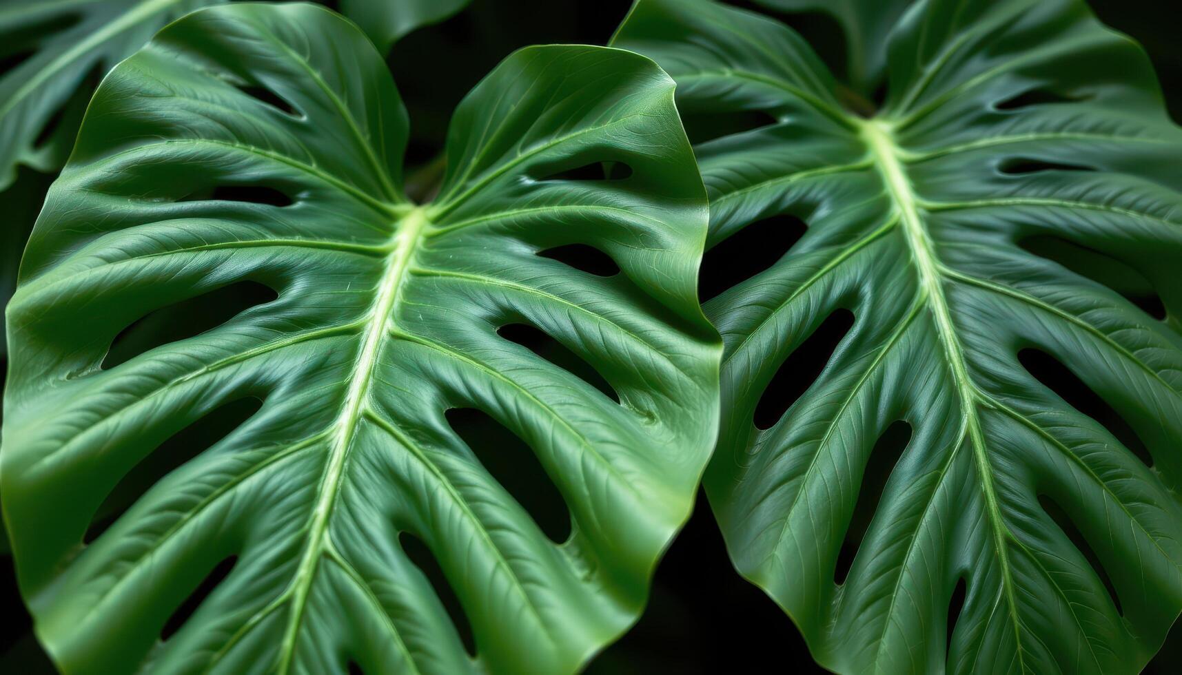 close up view of large monstera leaves with iconic holes, strong lines, and smooth gradient shadows under diffuse lighting. photo